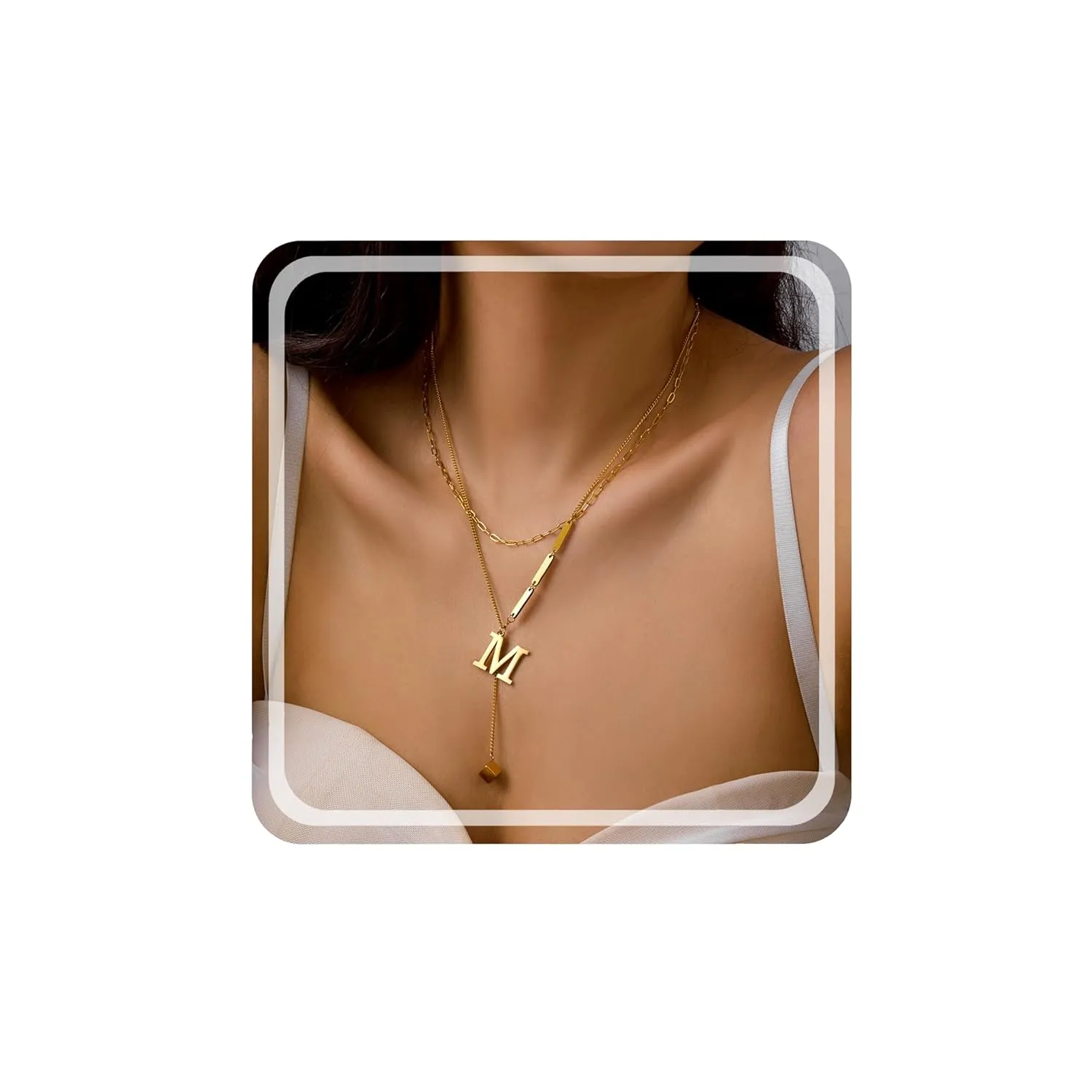 Layered Initial Necklace Dainty Gold Initial Necklaces for Women Trendy 14k Gold Plated Summer Lariat Necklace Jewelry Gifts (Gold-M)