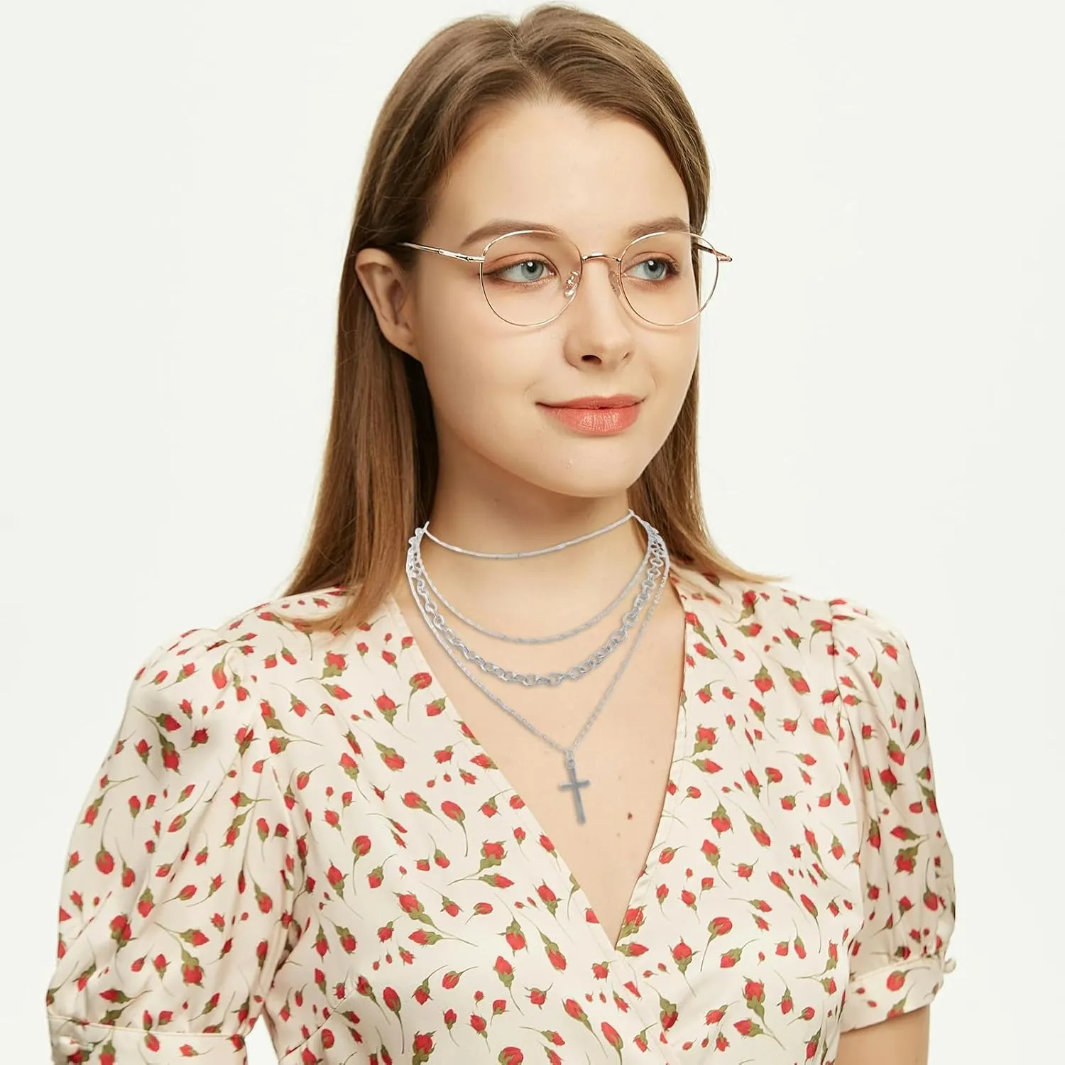 Layering Necklace Set, Cross Pendant Chain Stack-able Stack Choker Necklaces kit Fake Gold/Silver Trendy Layered Cuban Link Twisted Chains Jewelry for Women