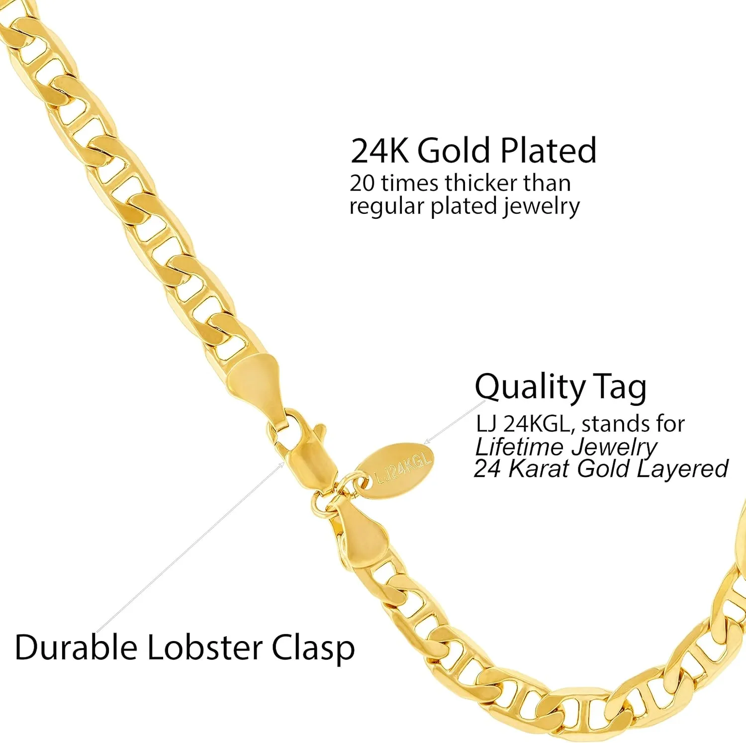 LIFETIME JEWELRY Womens Gold Anklet 6mm Mariner Link Chain Ankle Bracelet 24k Real Gold Plated