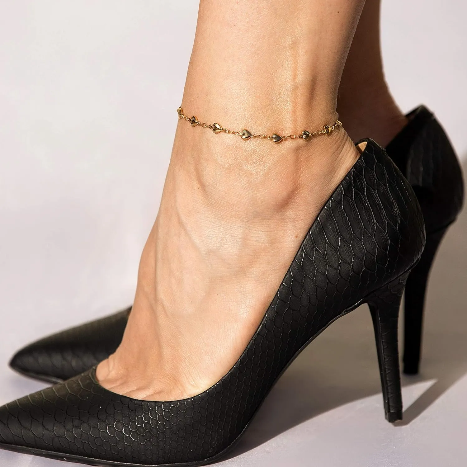 LIFETIME JEWELRY Womens Gold Anklet Solid Heart Link Ankle Bracelet 24k Real Gold Plated