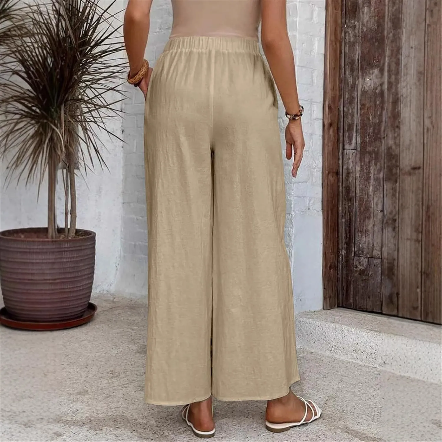 Linen Pants for Women 2025 Casual High Waist Wide Leg Palazzo Pants Summer Button Down Trousers with Pockets