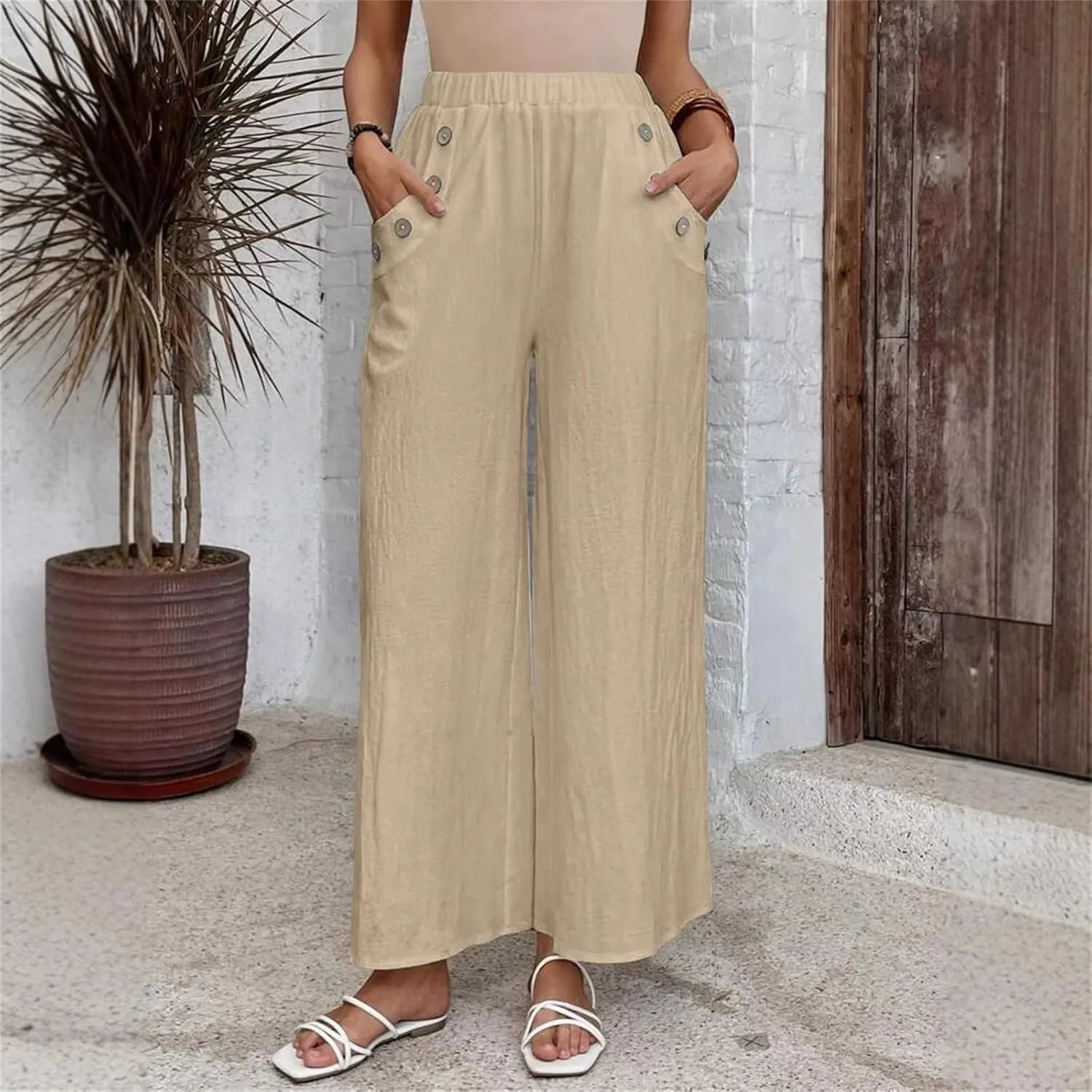 Linen Pants for Women 2025 Casual High Waist Wide Leg Palazzo Pants Summer Button Down Trousers with Pockets