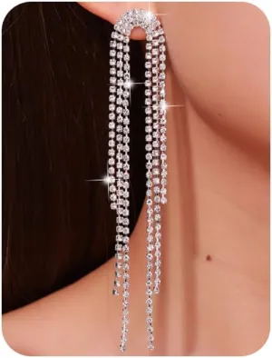 Long Chandelier Dangle Earrings for Women Sparkly Crystal Rhinestone Wedding Earrings Prom Jewelry for Bride Bar Disco Party Silver Tassel Drop Earring