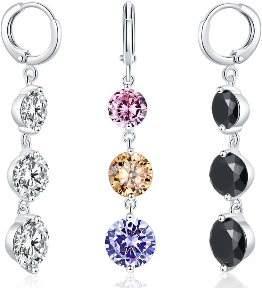 Long Drop Dangle Earrings with 3 Sparkling Stones -5A Cubic Zirconia Jewelry in 925 Sterling Silver for Weddings, Proms, and Special Occasions -Gifts for Mom, Best Friend
