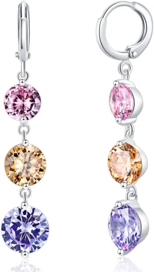 Long Drop Dangle Earrings with 3 Sparkling Stones -5A Cubic Zirconia Jewelry in 925 Sterling Silver for Weddings, Proms, and Special Occasions -Gifts for Mom, Best Friend