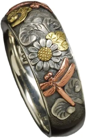 LRGKMCWTOB Vintage Boho Sunflower Rings Engagement Party Ring Jewelry Silver and Rose Gold Color Carved Dragonfly Ring Unique Metal Enamel Flower Rings Women Engagement Party Ring Jewelry(Size 6)