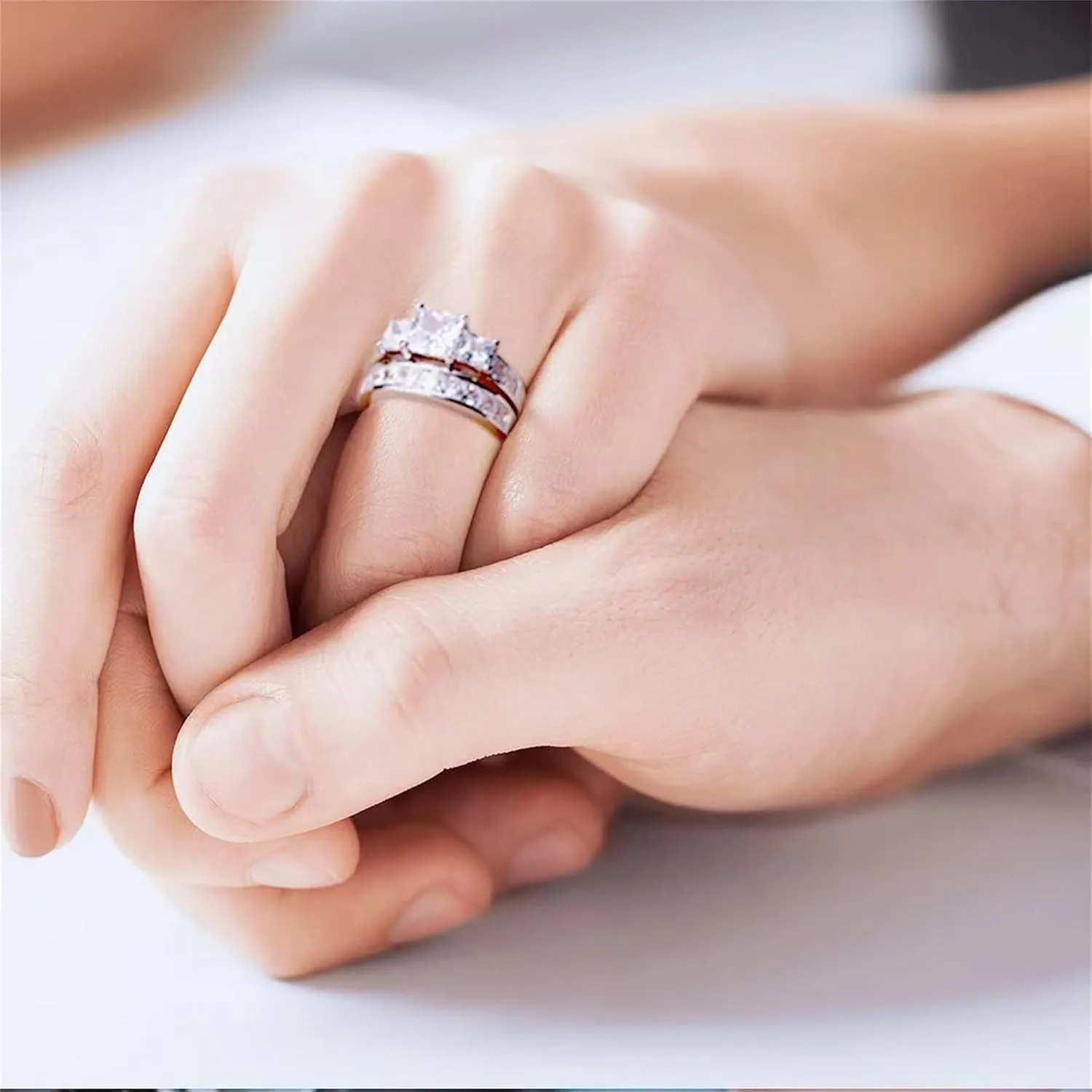 MABELLA Sterling Silver Ring for Women - 3 Stone CZ Princess Cut Engagement Ring - Cute Silver Wedding Ring Bands for Women - Bridal Womens Ring Set - Unique Gift for Her - 2 Pcs