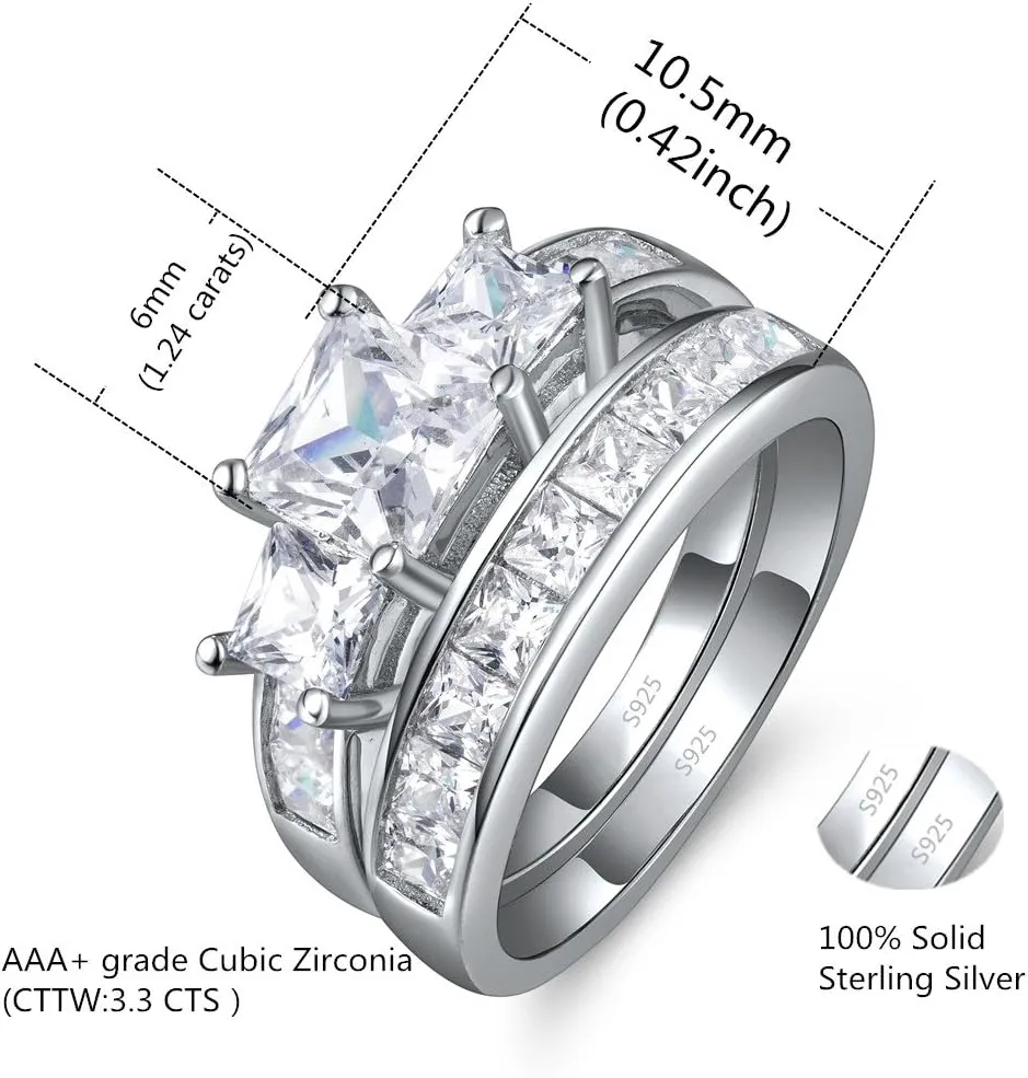 MABELLA Sterling Silver Ring for Women - 3 Stone CZ Princess Cut Engagement Ring - Cute Silver Wedding Ring Bands for Women - Bridal Womens Ring Set - Unique Gift for Her - 2 Pcs