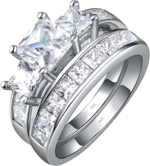 MABELLA Sterling Silver Ring for Women - 3 Stone CZ Princess Cut Engagement Ring - Cute Silver Wedding Ring Bands for Women - Bridal Womens Ring Set - Unique Gift for Her - 2 Pcs