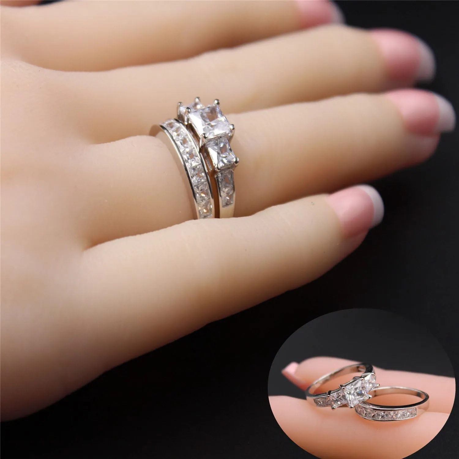 MABELLA Sterling Silver Ring for Women - 3 Stone CZ Princess Cut Engagement Ring - Cute Silver Wedding Ring Bands for Women - Bridal Womens Ring Set - Unique Gift for Her - 2 Pcs