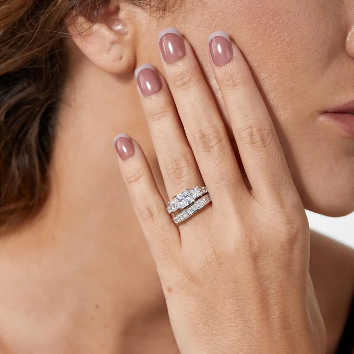 MABELLA Sterling Silver Ring for Women - 3 Stone CZ Princess Cut Engagement Ring - Cute Silver Wedding Ring Bands for Women - Bridal Womens Ring Set - Unique Gift for Her - 2 Pcs