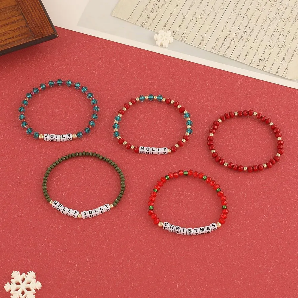 Madison Tyler Christmas Bracelet for Women | Xmas Stackable Small Beaded Bracelet Set | 5 Pcs Christmas Friendship Stretch Letter Holiday Bracelet Jewelry Gift