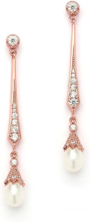 Mariell Rose Gold Freshwater Pearl Cubic Zirconia Dangle Earring for Brides, Wedding, Birthday Gift