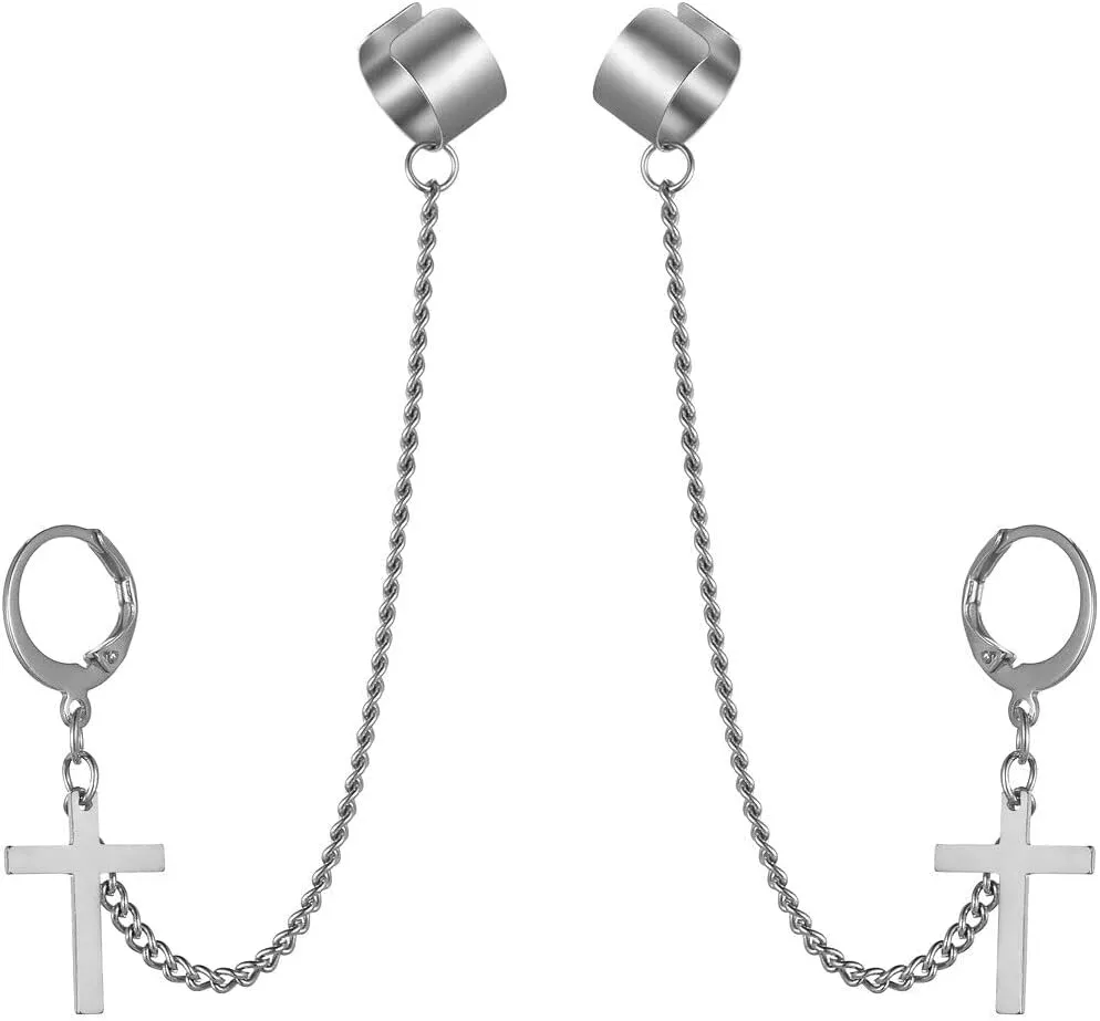 Men Women Stainless Steel Cartilage Ear Cuff Chain Cross Hoop Piercing Rings silver color Unique Delicate Jewelry Accessories