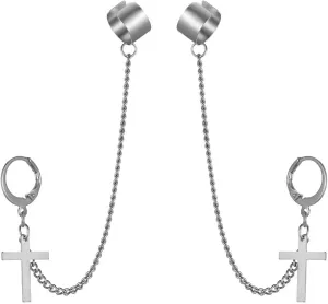 Men Women Stainless Steel Cartilage Ear Cuff Chain Cross Hoop Piercing Rings silver color Unique Delicate Jewelry Accessories