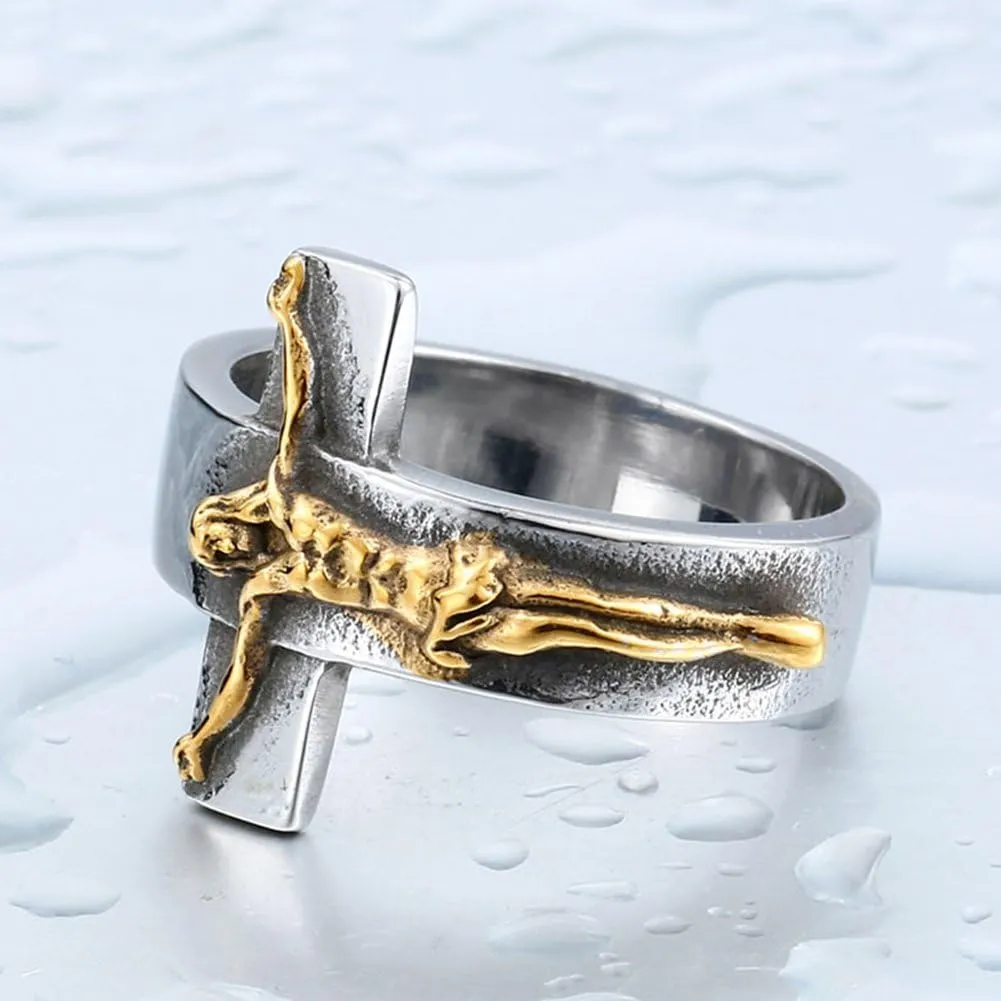 Men's Vintage Stainless Steel Jesus Cross Band Crucifix Ring,Silver Gold