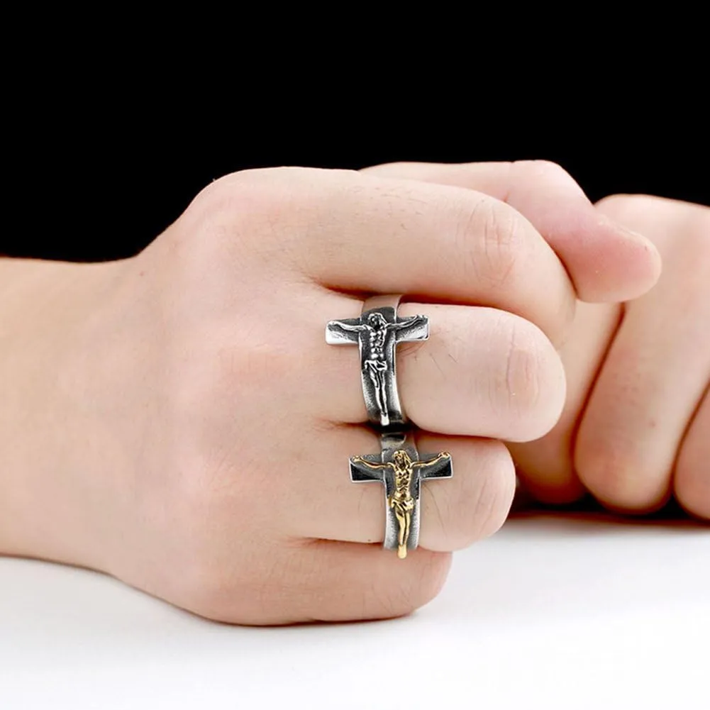 Men's Vintage Stainless Steel Jesus Cross Band Crucifix Ring,Silver Gold