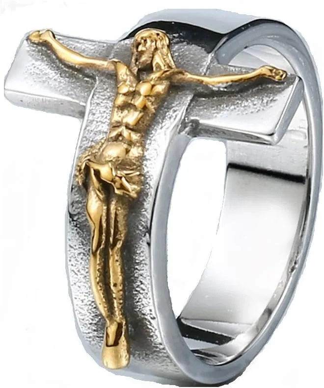 Men's Vintage Stainless Steel Jesus Cross Band Crucifix Ring,Silver Gold