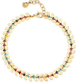 MEVECCO Dainty Leaf Chain Bracelet Gold Evil Eye Link Bracelet 18K Gold Plated Delicate Chain Bracelet for Women Jewelry Gifts