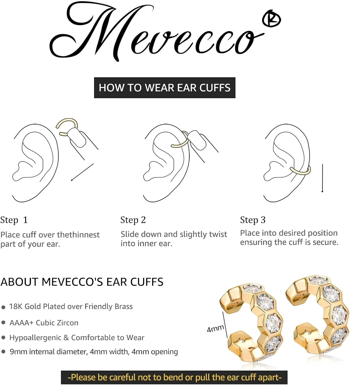 MEVECCO Gold Ear Cuffs 18K Gold Plated Ear Cuff Non Pierced Ears Small Sleeper Simple Minimalist Delicate Wide Ear Cuffs Clip On Earrings for Women