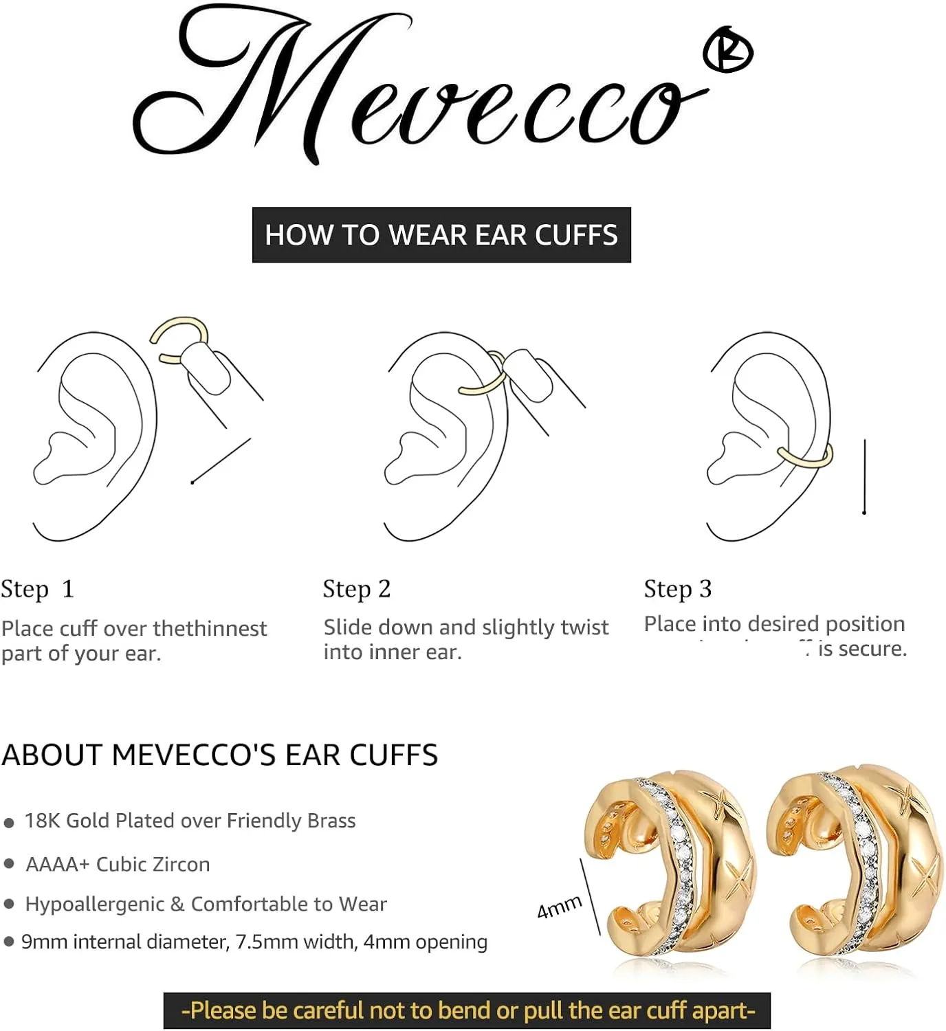 MEVECCO Gold Ear Cuffs 18K Gold Plated Ear Cuff Non Pierced Ears Small Sleeper Simple Minimalist Delicate Wide Ear Cuffs Clip On Earrings for Women