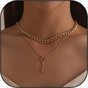 MIFYNN Gold Layered Necklaces for Women Stackable Cuban Link Herringbone Choker Necklace Layering Heart Key Pendant Necklace Trendy Gold Jewelry Set