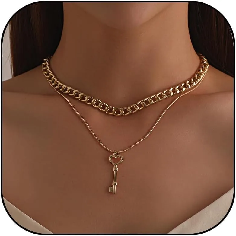 MIFYNN Gold Layered Necklaces for Women Stackable Cuban Link Herringbone Choker Necklace Layering Heart Key Pendant Necklace Trendy Gold Jewelry Set