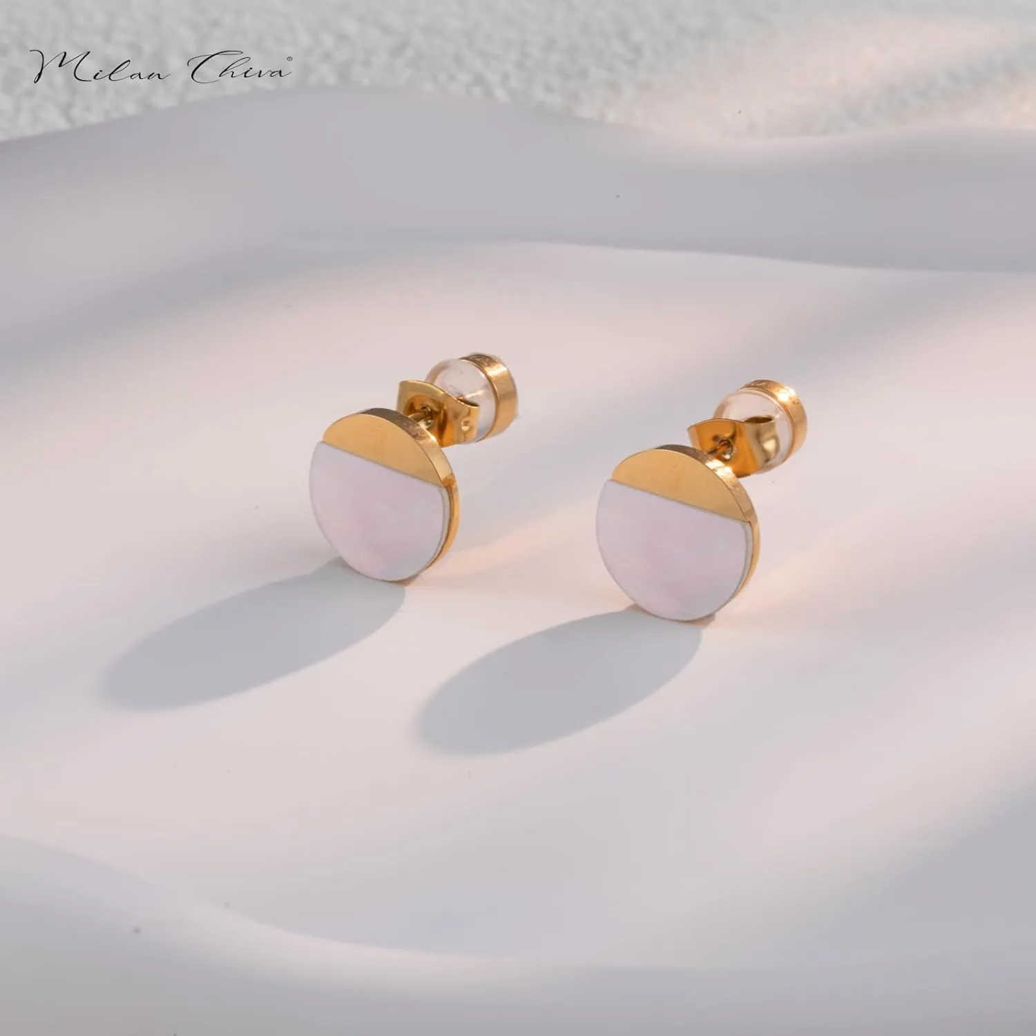 Milan Chiva Small Round Natural Gemstone Stud Earrings for Women 14K Gold Plated Oval Button Minimal Jewelry