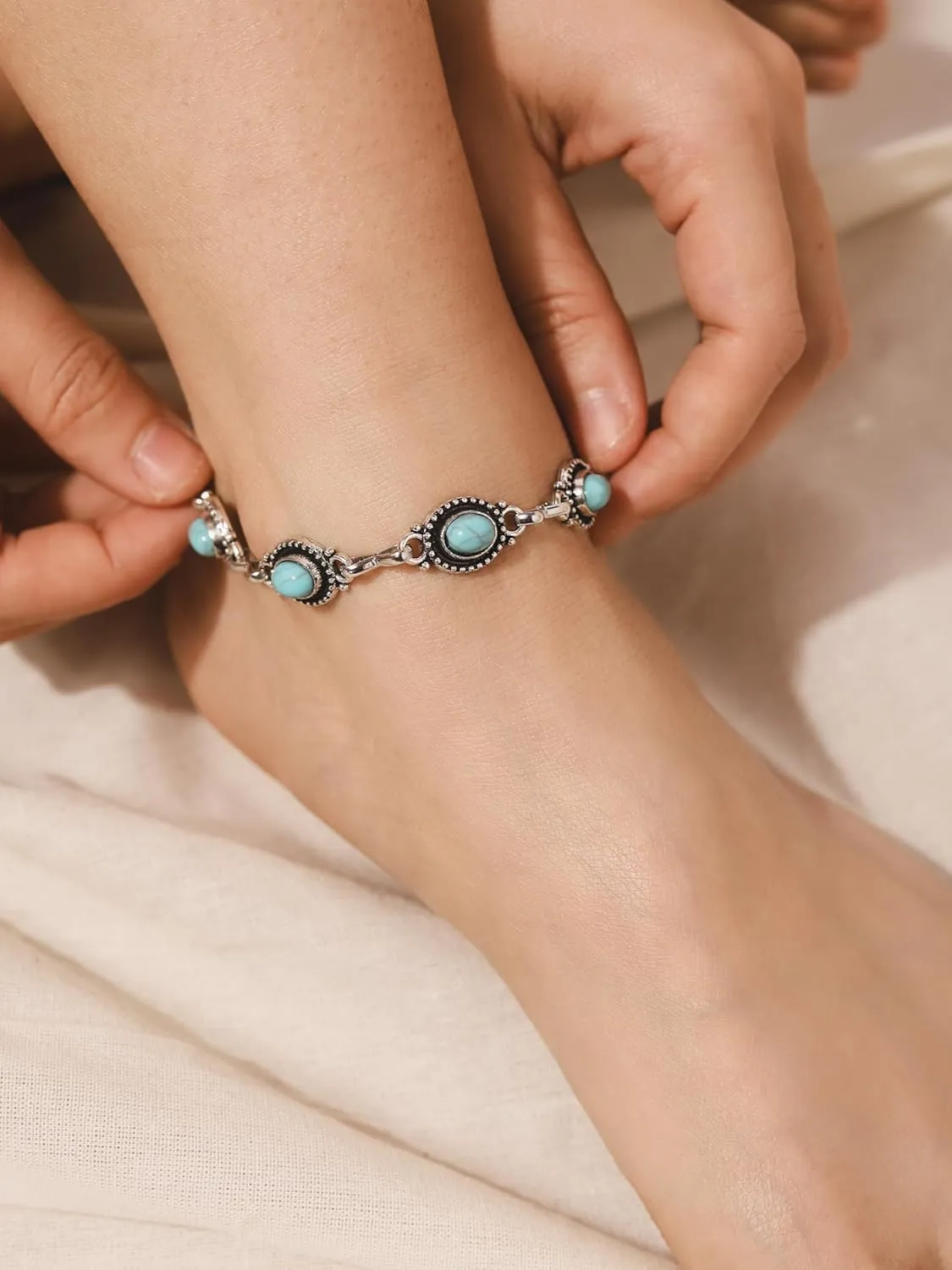 MINACHI Turquoise Stone Anklet Silver Overlay For Women - Gemstone Adjustable Link Anklet Gifts For Her