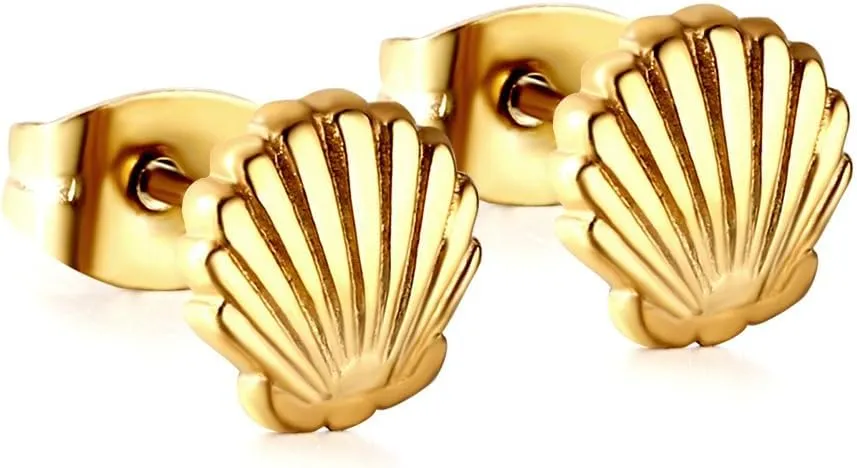 Mini Shell Stud Earrings For Women Girls Stainless Steel Minimalist Dainty Tiny Delicate Scallop Seashell Cartilage Earring Small Cute Studs Gold Silver Summer Beach Ocean Ear Jewelry