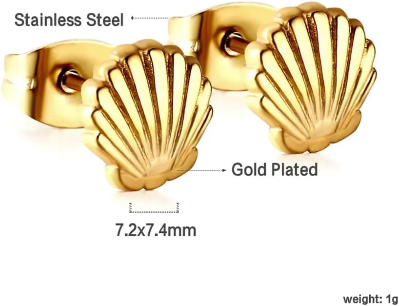 Mini Shell Stud Earrings For Women Girls Stainless Steel Minimalist Dainty Tiny Delicate Scallop Seashell Cartilage Earring Small Cute Studs Gold Silver Summer Beach Ocean Ear Jewelry