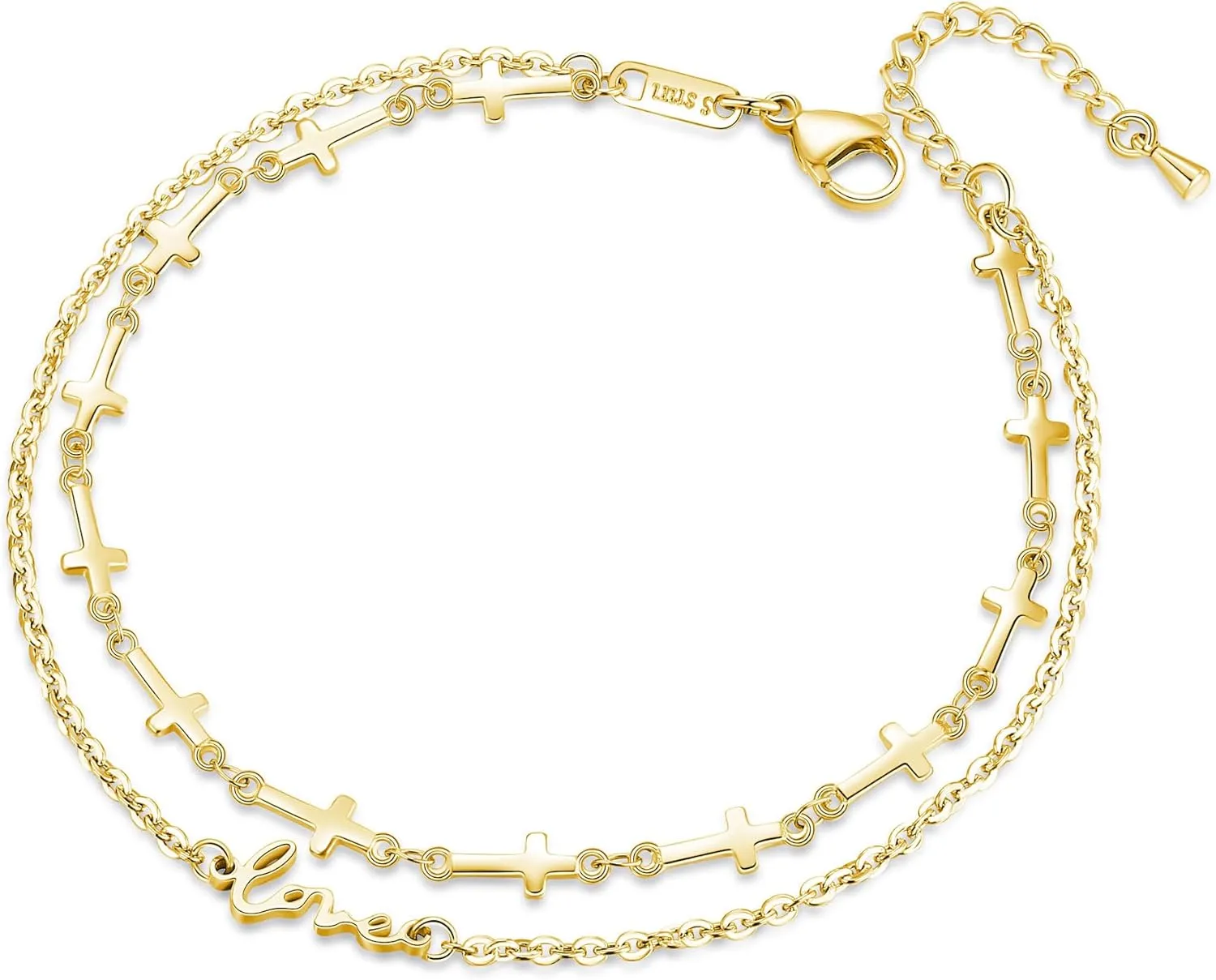 mnmoom Double Layer Cross Anklet for Women, Stainless Steel Love Charm, 10.6 Inch Adjustable Chain, Gold/Silver