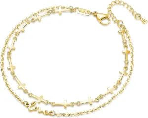 mnmoom Double Layer Cross Anklet for Women, Stainless Steel Love Charm, 10.6 Inch Adjustable Chain, Gold/Silver