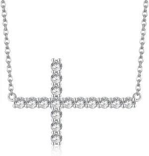 Moissanite Pendant Necklaces for Women, White/14K Gold Plated 925 Sterling Silver Sideways Cross Necklace, Cross Necklace 1.6ct Moissanite Inlay, Gift for Her Chain Length 18"