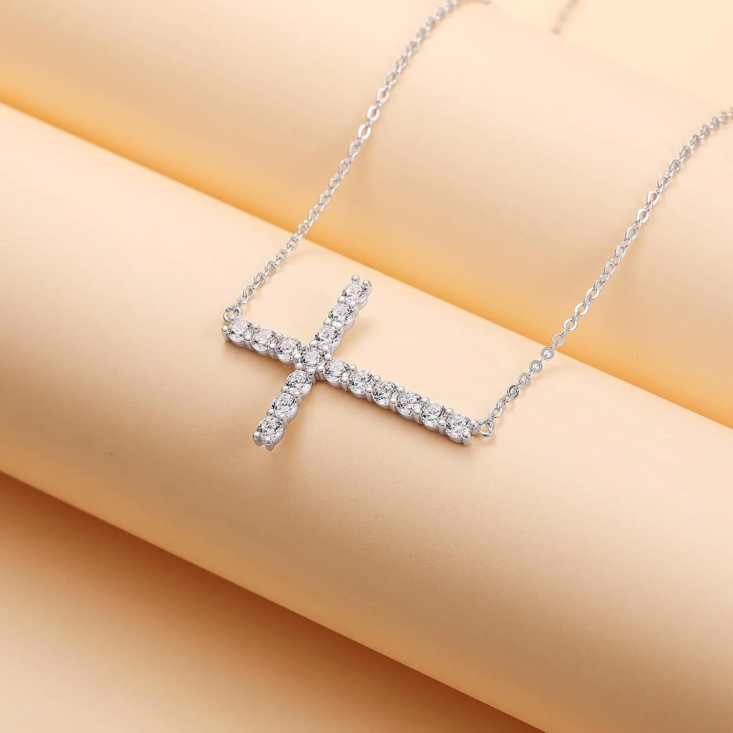 Moissanite Pendant Necklaces for Women, White/14K Gold Plated 925 Sterling Silver Sideways Cross Necklace, Cross Necklace 1.6ct Moissanite Inlay, Gift for Her Chain Length 18"