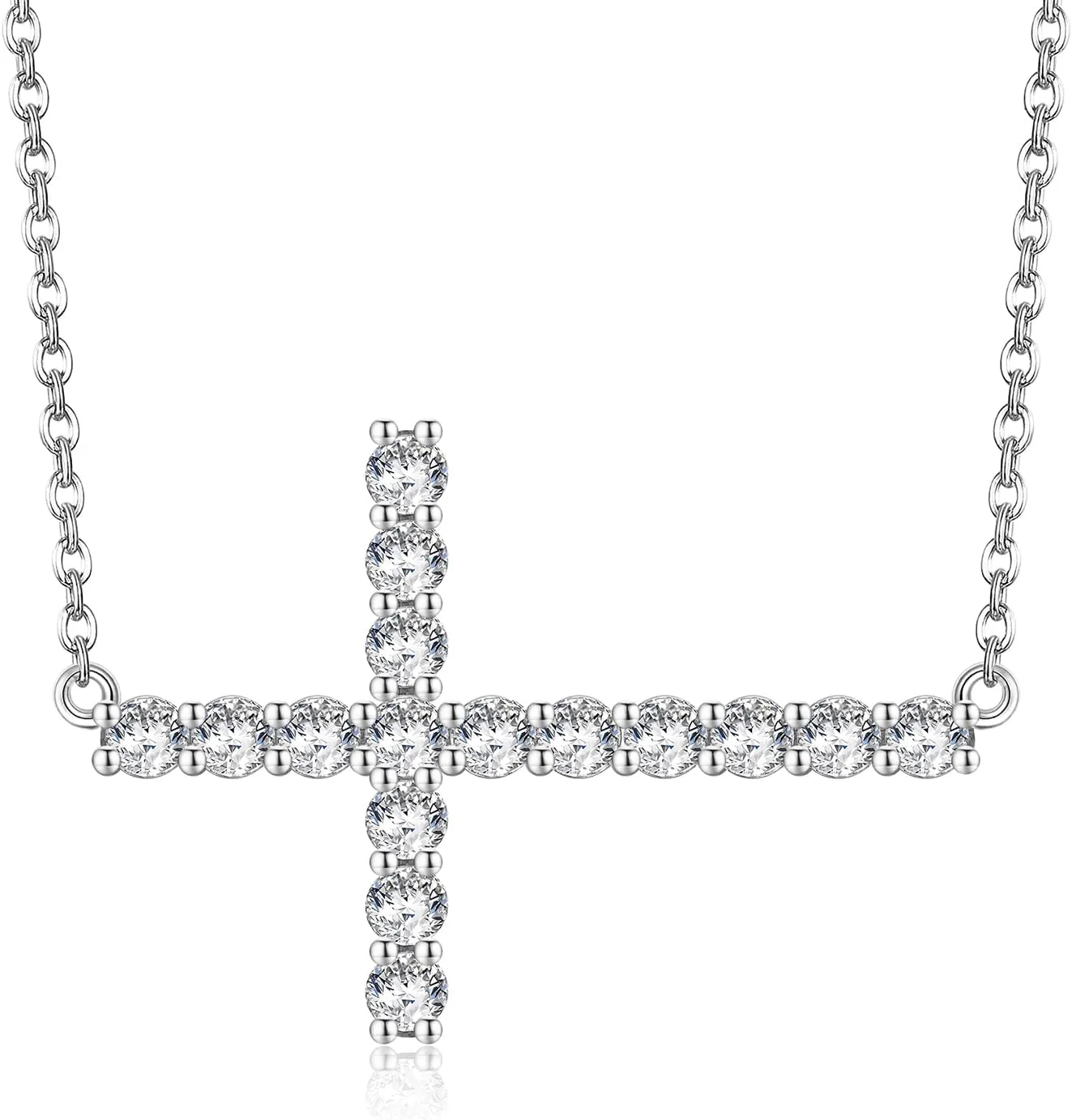 Moissanite Pendant Necklaces for Women, White/14K Gold Plated 925 Sterling Silver Sideways Cross Necklace, Cross Necklace 1.6ct Moissanite Inlay, Gift for Her Chain Length 18"