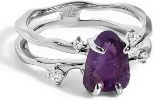 Moon Magic - Authentic Moonstone, Black Obsidian, Amethyst, Aquamarine Ring - Flow/Real 925 Sterling Silver - 18k Rose and Yellow Gold Raw Crystal Rings for Women/Genuine Gemstone Jewelry