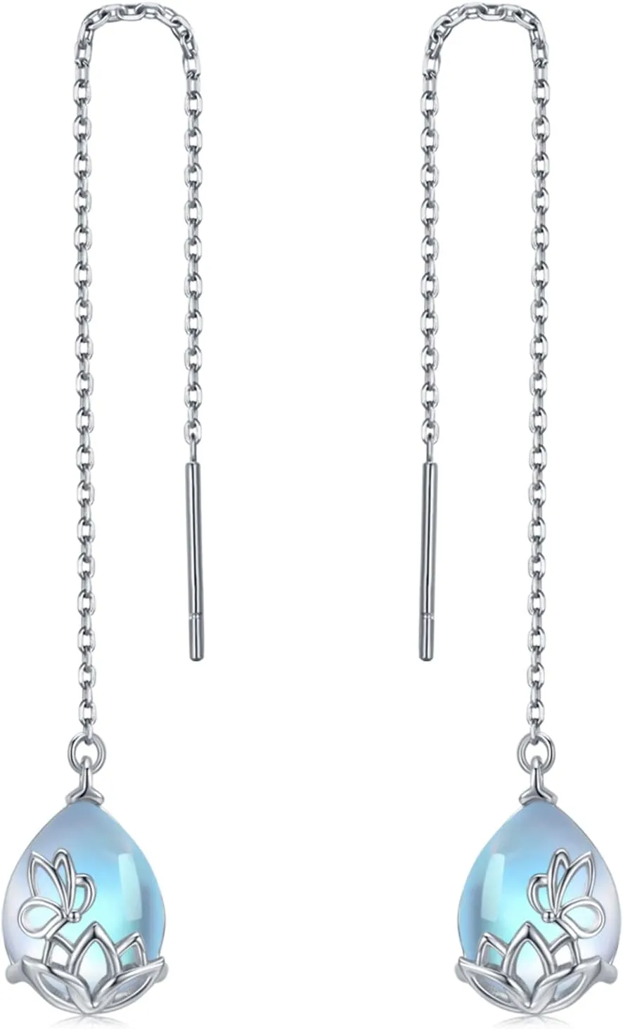 Moonstone Threader Earrings 925 Sterling Silver Lotus Earrings with Long Chain Ear Line Teardrop Earrings Jewelry Gifts for Women