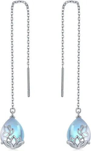 Moonstone Threader Earrings 925 Sterling Silver Lotus Earrings with Long Chain Ear Line Teardrop Earrings Jewelry Gifts for Women