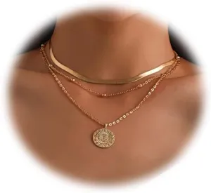 Multi-layered Snake Chain Necklace for Women Gold Coin Pendant Choker Necklace Metal Bead Chain with Dainty Metal Choker Body Jewelry for Women (gold-coin)