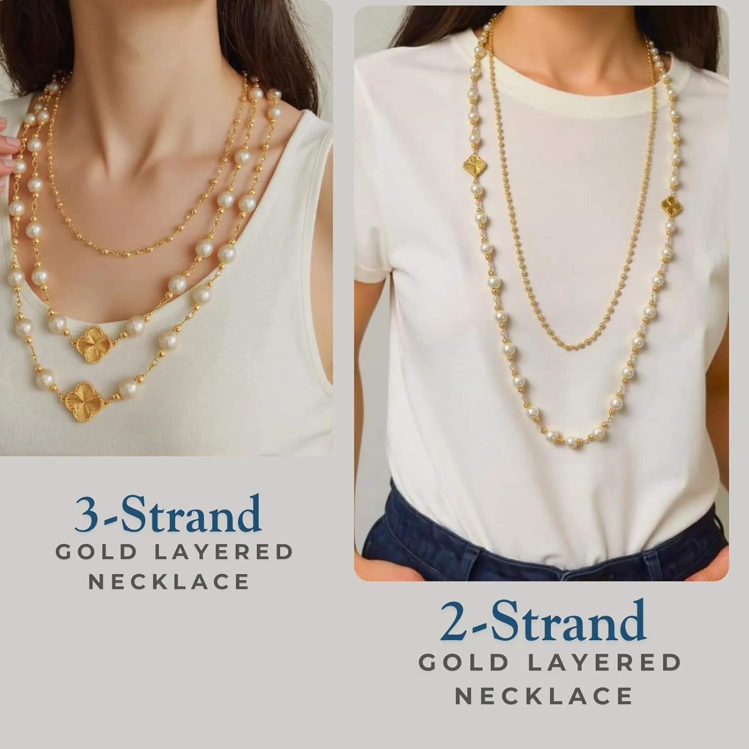 Multi-Strand Long Layered Simulated Pearl Necklace for Women, 14K Gold Plated Clover Necklace Jewelry Gift for Her