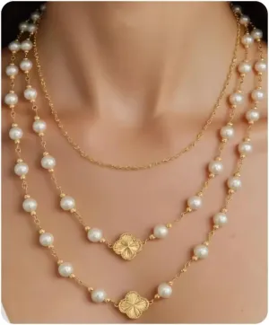 Multi-Strand Long Layered Simulated Pearl Necklace for Women, 14K Gold Plated Clover Necklace Jewelry Gift for Her