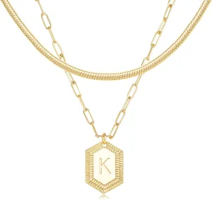 MYEARS Women Layered Necklace Gold Italian Snake Chain Choker Initial Hexagon Halo Radiant Pendant 14K Gold Plated Simple Dainty Paperclip Everyday Trendy Jewelry Letter A-Z