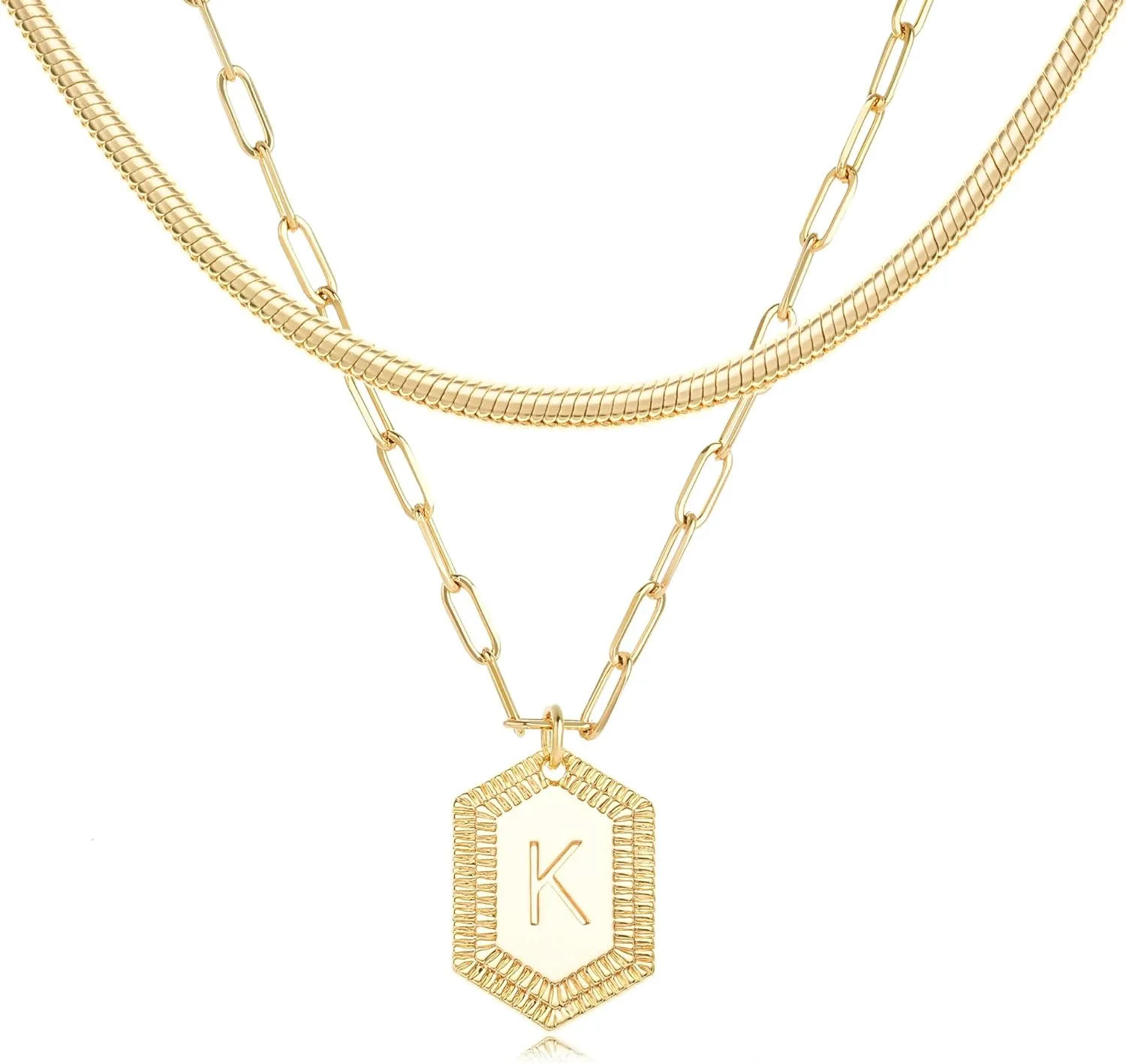 MYEARS Women Layered Necklace Gold Italian Snake Chain Choker Initial Hexagon Halo Radiant Pendant 14K Gold Plated Simple Dainty Paperclip Everyday Trendy Jewelry Letter A-Z
