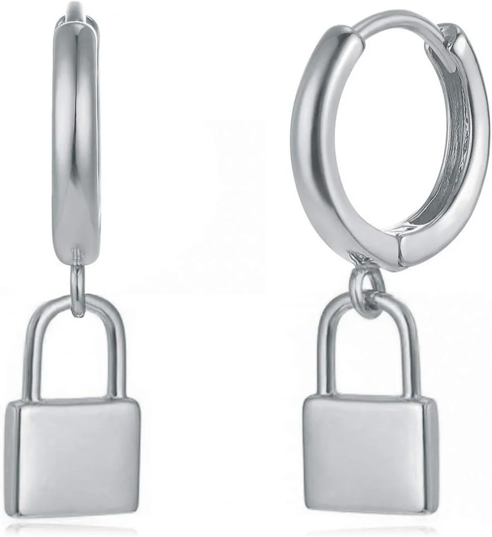 MYEARS Women Lock Earrings Sliver Huggie Hoop Padlock Dangle Drop Platinum Plated Small Boho Beach Simple Delicate Handmade Hypoallergenic Jewelry Gift