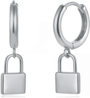 MYEARS Women Lock Earrings Sliver Huggie Hoop Padlock Dangle Drop Platinum Plated Small Boho Beach Simple Delicate Handmade Hypoallergenic Jewelry Gift