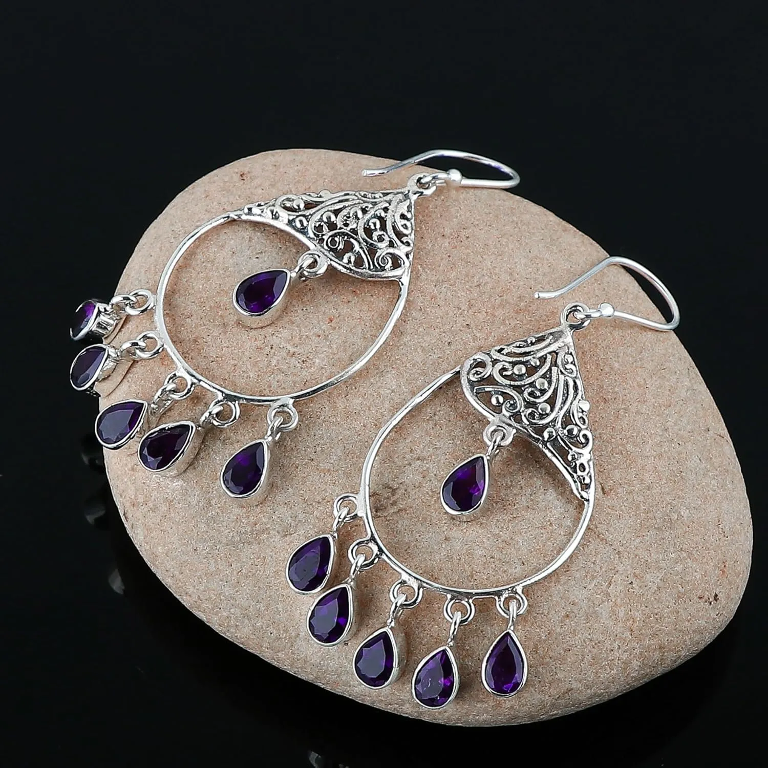 Natural Amethyst Gemstones Dainty Earrings, 925 Sterling Silver Dangling Jewelry, Handmade Jewelry, Birthstone, Mothers Day Gifts for Women & Girls
