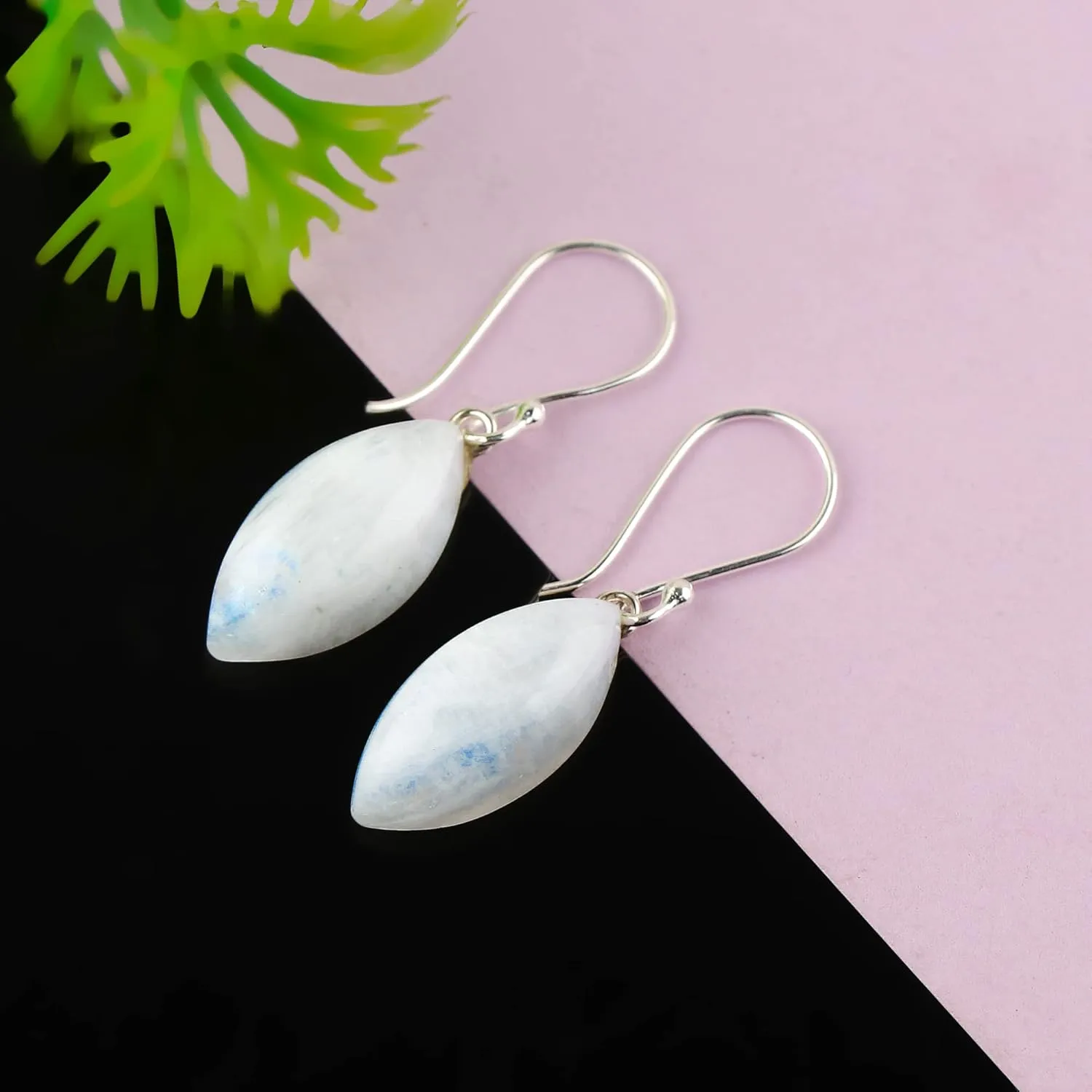 Natural Moonstone Marquise Shape Gemstone Dainty Dangling Earring, 925 Sterling Silver Designer Earrings, Handmade Jewelry, June Birthstone, Elegant Statement Girls Earring, Gift for Her