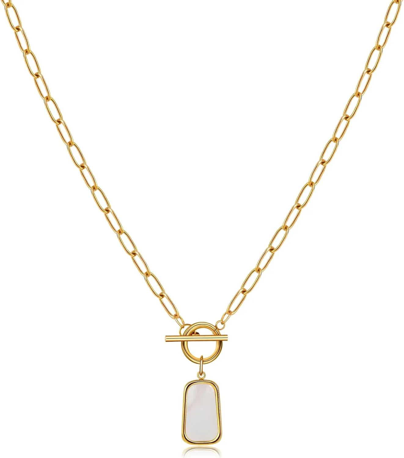 Natural White Sea Shell OT Buckle Long Plate Pendant Necklace For Women Trendy Elegant in Color and Luster Titanium Steel Electroplated with 18K Gold Necklace