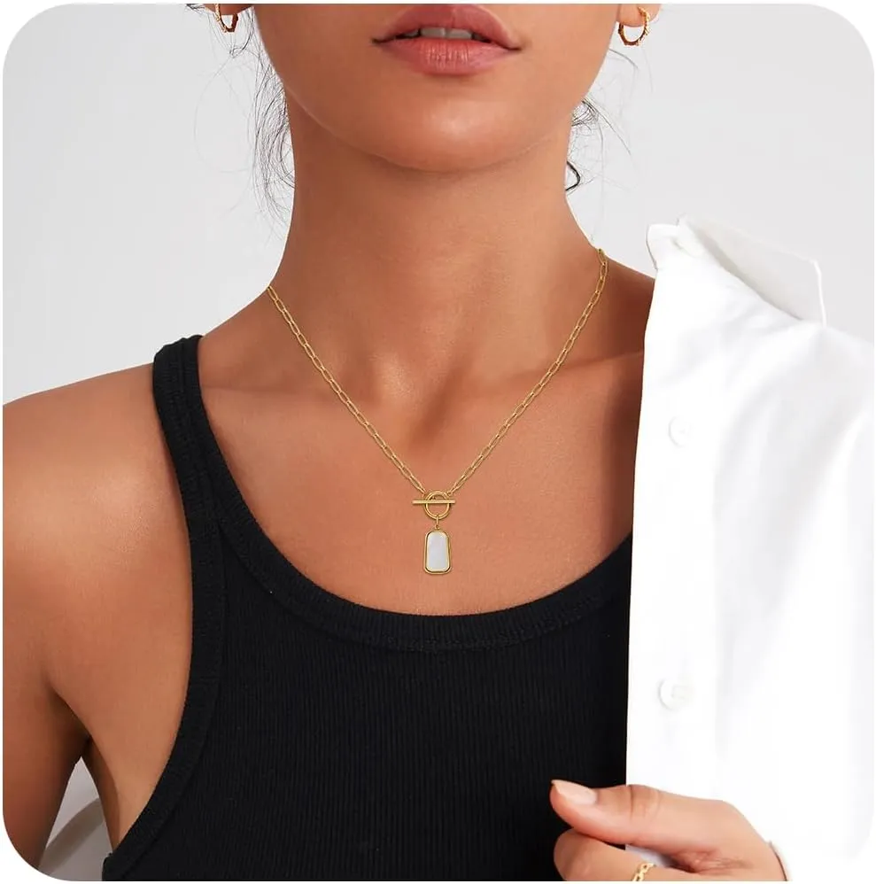 Natural White Sea Shell OT Buckle Long Plate Pendant Necklace For Women Trendy Elegant in Color and Luster Titanium Steel Electroplated with 18K Gold Necklace